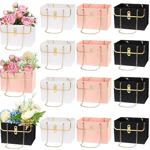 15 Pieces Paper Flower Bags With Metal Chain Gift Box Bouquet Storage Bucket Creative Gift Bags Boxes for Wedding Valentine's Day Gift Wrap (White, Pink, Black)
