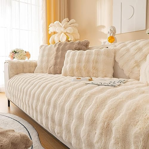 LINGKY Couch Überzug, Sofa Überzug 1/2/3/4 Sitzer L Form Sofa Cover Sofabezug Ecksofa, Universelle Sofaschoner rutschfest, Plüsch Sofa Sitzkissenbezug für Wohnzimmer (Beige,90x120cm)