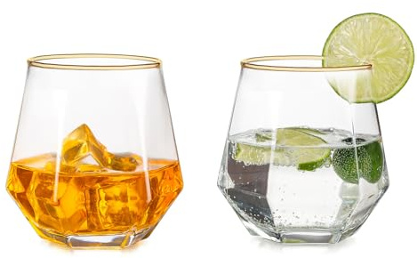 Inweder Old Fashioned Whiskygläser: 2 Stück Stemless Trinkgläser | 300 ml Fassungsvermögen, Goldrand & Geometrisches Diamant-Design, Modern Tumbler für Bourbon/Kraken/Rum/Cocktails/Wasser/Saft