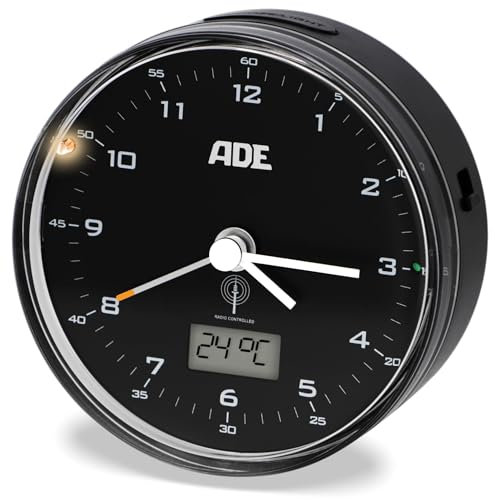 ADE Funk wecker analog ohne Ticken | Uhr mit Temperaturanzeige und Kalender | lautloser analoger Wecker mit Licht | Funkwecker mit Batterie | kleine Uhr zum Hinstellen | schwarzes Zifferblatt