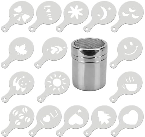 1Pcs Chocolate Shaker with 16 Piece Coffee Stencils Stainless Steel Mesh Powder Shaker for Coffee Lovers Decorating Cappuccino Cake Design Decoration Duster