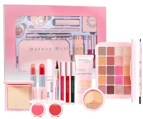 Alles in Einem Make-Up-Set mit Akne-Grundierung, Puder, Concealer, Rouge, Lidschatten, Lippenstifte, Flüssiger Lipgloss, Mascara, Eyeliner, Brauen-Stift, All in One Make up Geschenkset