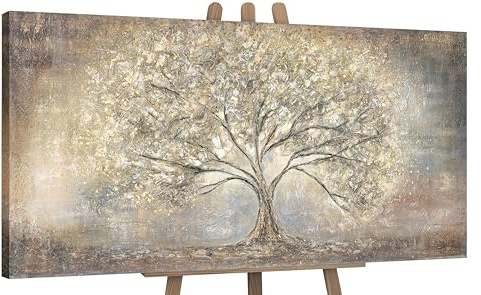 YS-Art XXL Abstrakt Acryl Gemälde auf Leinwand Goldbaum handgemalt Wandbilder Wohnzimmer Kinderzimmer Büro moderne Design Bilder Fengshu echte Kunst 100x50 cm