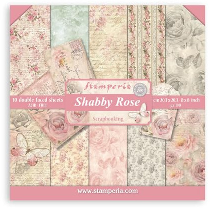 Stamperia - Scrapbook Paper Pad for Scrapbooking, Albums, Card Making, Bullet Journalling and More, Acid Free, Double-Sided, Perfect for Hobbies, Crafts, and Gifting (Shabby Rose) (20.3 x 20.3cm)