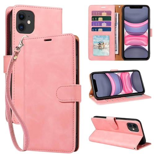 GOTOURED for iPhone 11 Phone Case Wallet, RFID Blocking Card Holder, Pink | 4 Card Slots, Wrist Strap, Soft PU Leather Flip Cover, Kickstand, Cash Pocket, Magnetic Closure, TPU Shell Protective