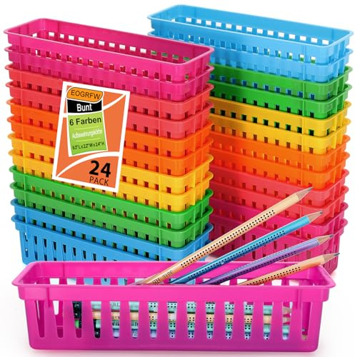 EOGRFW Lot de 24 bacs à crayons en plastique pour salle de classe, paniers de rangement empilables pour papeterie