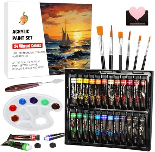UCAMP 41 Pcs Set di Pittura Acrilica,Colori Acrilici per Dipingere,24 Tubi 12ml Atossici Set di Colori Acrilici,Viene fornito con 12 pennelli e 1 tavolozza,2 tele e una spatola,Per Bambini e Adulti