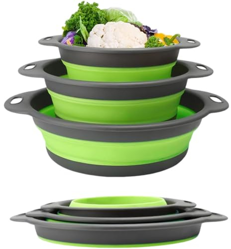Surwin Scolapasta Pieghevole Salvaspazio, 3 Pezzi Scolapasta Silicone Verdura, Cesto Scolapasta Plastica Silicone Pieghevole, per Drenare Pasta, Verdura, Frutta (Verde)