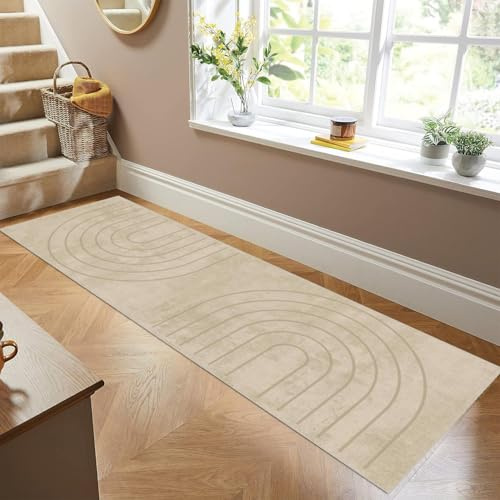 Siunwdiy Teppich Läufer Flur Küche rutschfest Waschbar Kurzflor Küchenläufer Lang Korridor Teppich Läufer Einfarbig Modernes Muster 60x200cm Beige Küchenteppich Flurteppich Meterware Anpassbar