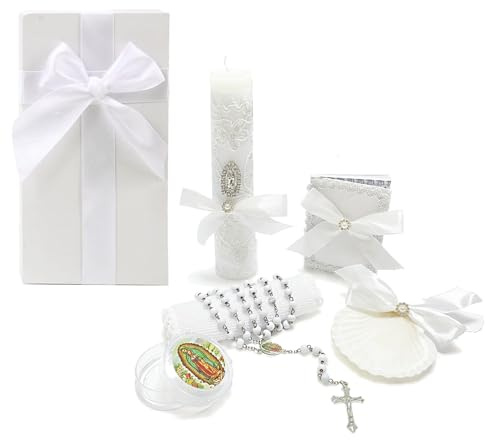Baptism Candle Set for Boys Girls,White 5 PCS Baptism Kit Virgen De Guadalupe Catholic Candle,Baptismal Towel,Baptismal Shell,Rosary,Bible for Baby Dedication Christening Gift,Velas para Bautizo Niño