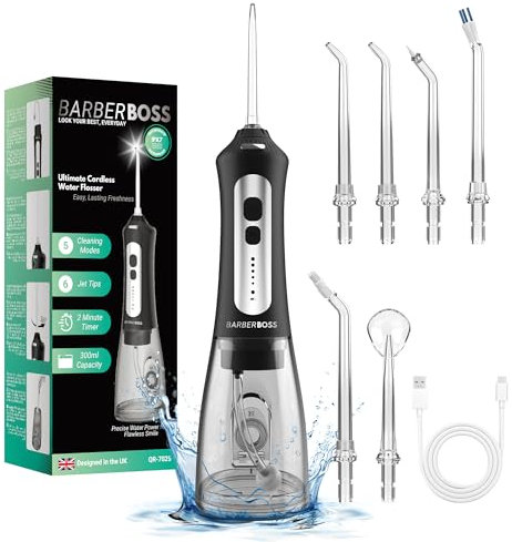 BarberBoss Water Flosser, Portable Oral Irrigator, Electric Tooth Flosser, Plaque Remover for Teeth, Dental Flosser, Teeth Cleaning Kit, Cordless Water Flossers for Gum Health, QR-7025 (Black)