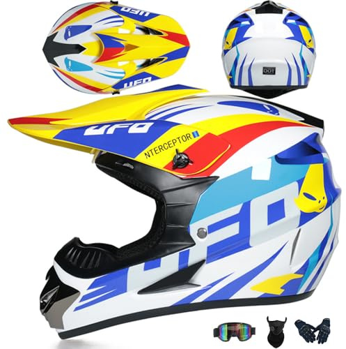 Jugend Motorradhelm Motocross Helm Kinder Erwachsene Cross Helms Herren ATV Motorradhelm MX Enduro Full Face MTB Helm DOT/ECE-Zertifizierter Mit Brille Maske Handschuhe Downhill Helm,White/B-S