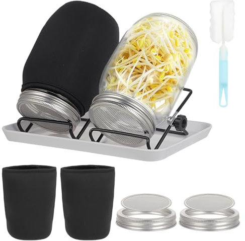 2 Pezzi Germogliatore - Vaso per Germogli 32oz - Materiale Vetro - Con Coperchio in Acciaio Inox, Supporto e Vassoio in Plastica - Per Coltivare Microgreens - Per Casa, Cucina, Giardino (Nero)