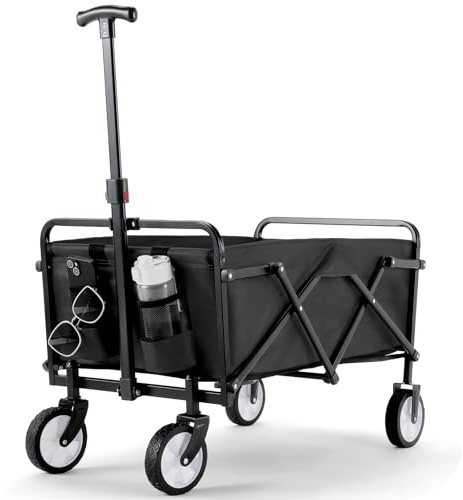 Bollerwagen Faltbar Handwagen All Terrain Räder, Gartenwagen mit Getränkehalter verstellbarem Griff, Transportwagen Klappbar Strandwagen, Gartenkarre, Einkaufswagen, Camping (Schwarz1)
