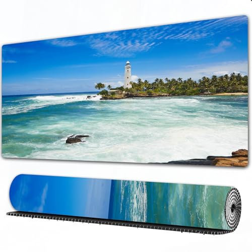 FEHWI 90×40 cm Verlängertes großes Mauspad Schreibtischauflage,Tropische l Leuchtturm mit Palmen Felsen welligen Strand Meer, Blu,genähte Kanten Gaming mauspads,rutschfeste Gummibasis