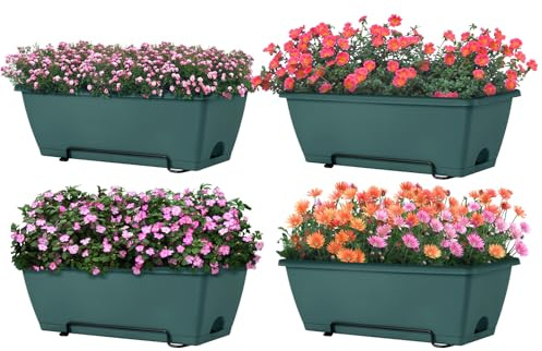 LIANTRAL 4 Pack Wall Planters, Wall Hanging Planter Set with Metal Frame & Plastic Box, Flower Pot for Windows, Railings, Fences, Hanging Balcony Garden Planter Home Decor, 42.6 x 17 x 13.5 cm, Green
