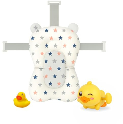 BATHBY | Cojín para Bañera de Bebé – Asiento Ergonómico Ajustable y Portátil con Malla Antideslizante, Almohada Reductora, Hamaca de Ducha con Diseño de Estrellas + Patito de Goma (Patito)