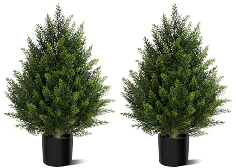 2 Set Artificial Topiary Cedar Trees 60cm, Indoor Outdoor Faux Potted Boxwood Evergreen Plants, Fake Bushes Shrub Pine Tree for Home Garden Front Porch Decor