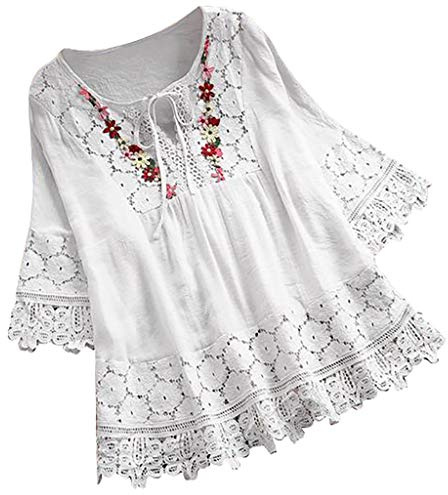 Flodxo Haut en lin pour femme - Grande taille - Brodé bohème - Dentelle blanche flottante - Chemises d'été à manches courtes - Élégant et confortable - Style décontracté - Chemisier de travail élégant
