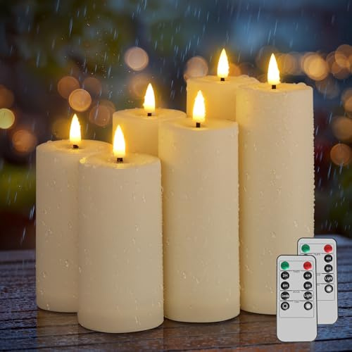 Kimjo Velas LED Sin llama para Exteriores Impermeables - Velas LED de Plástico Blanco Marfil con Función de Temporizador y Mando a Sistancia - Juego de 6 (13,5 cm, 15 cm, 18 cm*2)