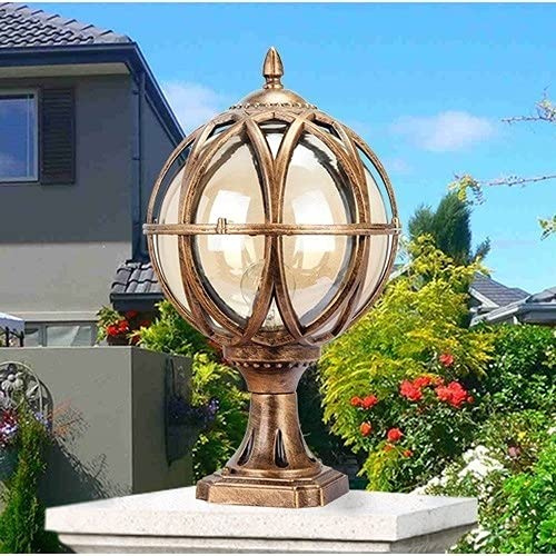 BLOOHK Antique Outdoor Globe Post Light Rust-Proof European Style Pedestal Lamp with Amber Glass Decorative Cage Waterproof Hardwired Gate Pillar Light