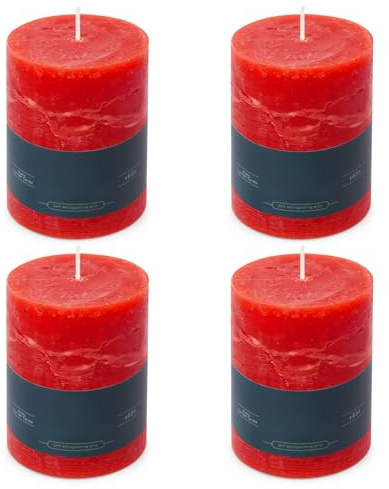 Stumpenkerzen Rustic 4er-Set - 8x11 cm - Brenndauer: 65 Std., rußfrei, 100% Paraffin - für Kerzenständer, Kerzenhalter, Weihnachten, Hochzeit, Blockkerze, Kerze, Adventskranz, Advent (rot)