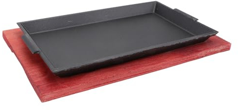 ROMISBABA Piastra per Barbecue in Ghisa Base in Legno Padella per Bistecche Antiaderente Multiuso per Fornelli a Gas e Induzione Teglia Rotonda per Grigliare Carne e Verdure