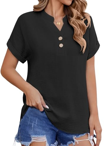 HEEKPEK Camicia Estiva Donna Blusa Elegante Cotone Camicetta Manica Corta Casual Scollo a V Camicie Moda Tinta Unita Classico Top Estive T Shirt con Bottoni(Nero,L)