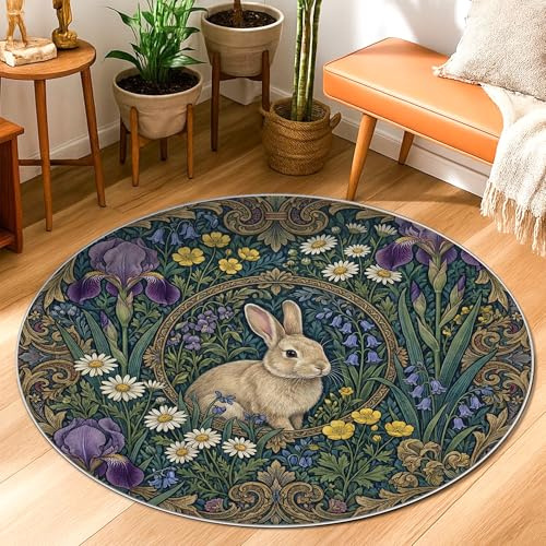 Tappeto per area coniglio, botanico vintage iris crisantemo verde primavera retro antiscivolo zerbino per interni tappeto rotondo non spargimento bagno comodino ingresso porta decorazione 7,6 x 7,6 cm