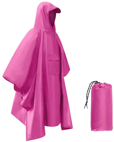 Dr.Fish Waterproof Rain Poncho for Adults, Lightweight Hooded Rain Coat Jacket with Pockets, Breathable Ripstop Rainwear for Hiking Camping Cycling, Packable with Storage Bag Pink