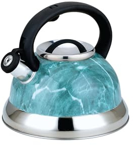 ZILNER Wasserkessel 3 l, Teekessel mit Pfeife, Edelstahl, Meergrün Marmor | Flötenkessel für Induktion und alle Herdarten, hitzebeständiger Soft-Touch Griff, Edelstahl Teekessel