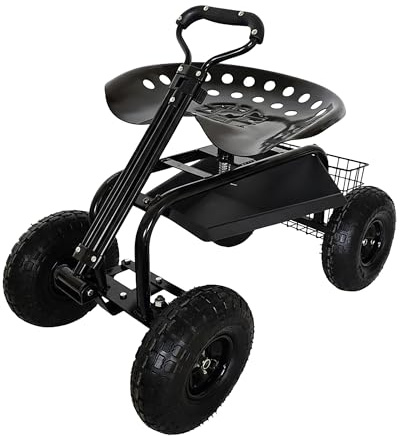 Relaxdays fahrbarer Gartensitz, höhenverstellbar, 150 kg, Stauraum, Lenkstange, Stahl, Luftreifen, Gartenwagen, schwarz | Lenkstange, Stahl, Luftreifen, Gartenwagen