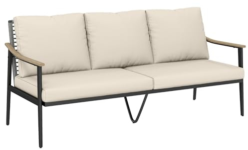 Outsunny Divanetto da Esterno a 3 Posti in Rattan PE, Divano da Esterno con Braccioli Effetto Legno, Cuscini Lavabili, Struttura in Acciaio, Divano da Giardino per Terrazzo, Patio e Balcone, Cachi
