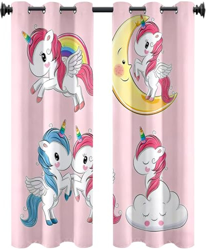 2 Stück Uniicorn Vorhang, 120*140 cm Blackout Vorhang, Uniicorn Vorhänge mit Ösen, Verdunklungsvorhänge, Dekor Rosa Karikatur Regenbogen Wolken drucken Vorhange, für Wohnzimmer Schlafzimmer Fenster(A)