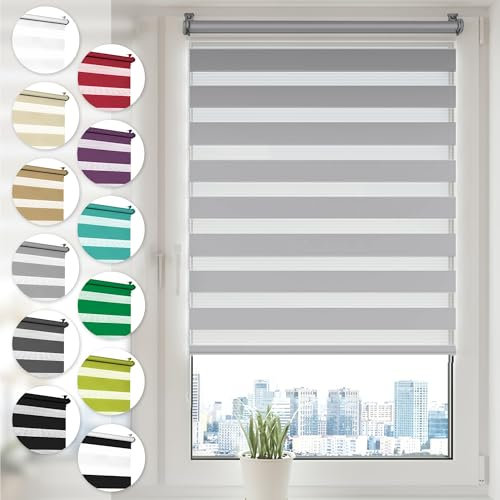 Doppelrollo Klemmfix ohne Bohren 95cm x 130cm Grau Duo Rollo Klemmrollo Sonnenschutzrollo Fensterrollo für Fenster & Türen Zebrarollo Seitenzugrollo