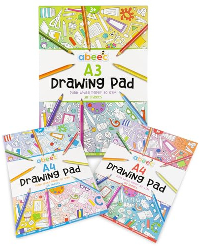 abeec 3 Drawing Pads for Children - (3 Pack) Includes 2 x A4 Plain Sketch Pads and 1 x A3 Plain Sketch Book - 150 Sheets in Total of Drawing Paper Perfect for Arts and Craft Activities