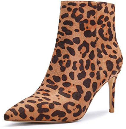 Castamere Femme Fermeture Eclair Bottines Bout Pointu Aiguille Haute Talon 8CM Marron Léopard Suède Chaussures EU 37