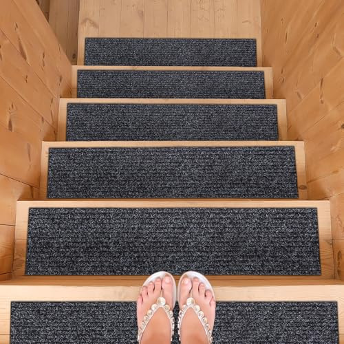 Ottomanson Non-Slip Stair Treads for Wooden Steps – Set of 7 Low-Profile Scraper Stair Mats with Rubber Backing, Indoor Staircase Protection for Kids & Pets – Dirt-Trapping Step Covers, 8 x 30,Black