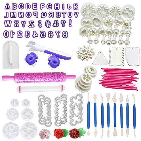 Woohome 110 Stück Backen Fondant Set Tortendeko Set Teiliges Fondant Ausstecher Set Ausstechformen für Buchstaben, Cupcakes,Fondant Modellierwerkzeug