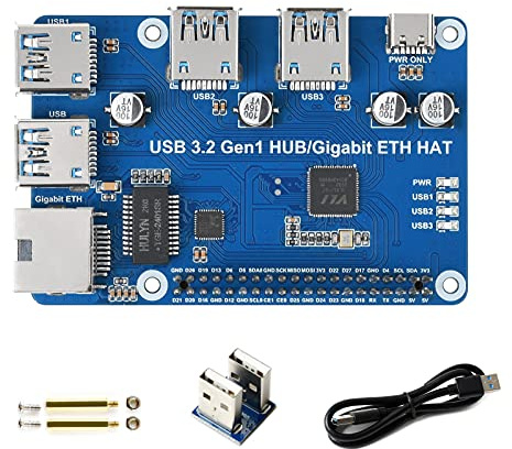 Waveshare 3 Ports USB 3.2 Gen1 Hub HAT für Raspberry Pi, mit 1000M/100M/10M Gigabit Ethernet Port, USB 3.2 Gen1 Ports Kompatibel mit USB 3.0/2.0/1.1, Treiberfrei, Plug & Play