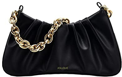 JOLLQUE Umhängetasche für Frauen, Kleine Leder Knödel Taschen Handtasche Geldbörse, Gold Kette Abend Clutch Geldbörsen (Schwarz)