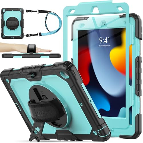 SEYMAC Stock Coque pour iPad 9/8/7ème Génération 10,2'' 2021/2020/2019 | Coque Antichoc avec Protecteur D'écran, Support Rotatif à 360°/Dragonne, Porte-Crayon et Bandoulière, Bleu Ciel