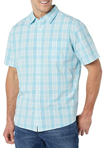 Amazon Essentials Men's Short-Sleeve Regular-Fit Stretch Poplin Shirt Shirt, -Light Blue/White, Plaid, Large