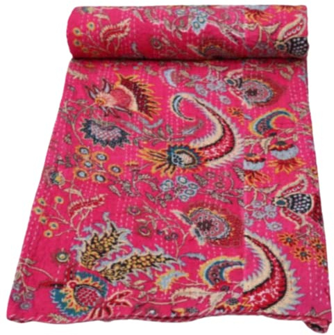 ARISE EXPORT - Edredón hippie indio hecho a mano de algodón Kantha de 90 x 108 pulgadas, tamaño Queen, 1400 gramos, rosa, bohemio, floral, colcha para picnic, manta de picnic