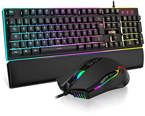 RedThunder K10 Ensemble Gaming Clavier et Souris Gamer Usb, AZERTY FRANÇAIS + Repose-Poignets, Clavier Anti-Ghosting Rétroéclairé RVB et 7200 DPI avec Souris Ergonomique pour Les Joueurs (Noir)