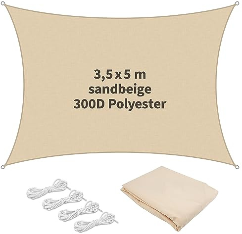 TTL GARDEN 3,5x5m Sonnensegel Rechteck Sand-beige - Premium Polyester 300D 160g/m² 93% Abschattung - reißfest & robust Sonnenschutz & Wetterschutz für Garten, Balkon & Terrasse, mit 4X Schnur 1,5m