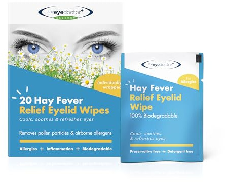 The Eye Doctor Hay Fever Relief Eyelid Wipes - 200x Single Use Eye Wipes for Allergy & Hayfever - Inflammation, Watery Itchy Eyes, Headaches & Migraines - Cooling Soothing Relief | Soothes Itchy Streaming Puffy Lids, Preservative and Detergent Free, Sterile Saline Pads, Fully Biodegradable, 200 Day Supply