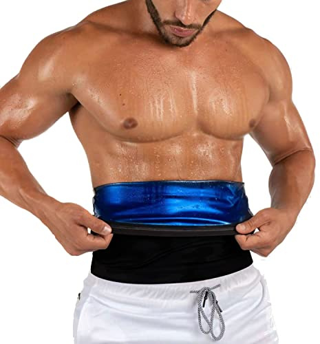 BODYSUNER Midjetränare trimmer svettbälte för män magfett bastu bantning bälte kostym träning, Djupblå, Small-Medium