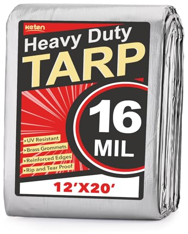 Keten Tarps Heavy Duty Waterproof 12X20 Feet, Extra Thick 16 Mil, Tear & Fade Resistant, UV Blocking, Outdoor Tarp with Reinforced Grommets for Roof, Camping, Patio, Pool, Boat(Silver/Black)