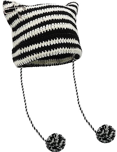 XYIYI Chapeau en Crochet pour Femme Chapeau en Tricot de Renard avec Pompoms Accessoires Grunge Gothiques Bonnet Souple pour Femme Fille